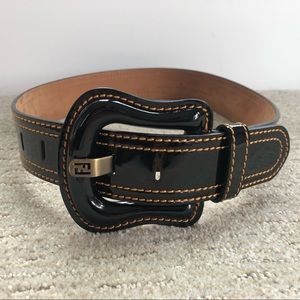 Fendi B Belt, patent leather, Blk w/ brn stitching